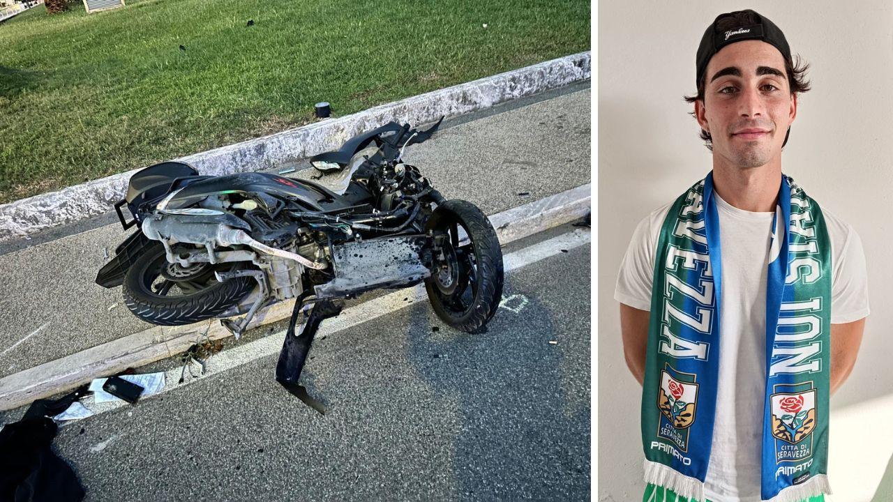 
	Lo scooter dopo l'incidente e Alessio Parducci: il 19enne &egrave; ricoverato all'ospedale&nbsp;Cisanello

