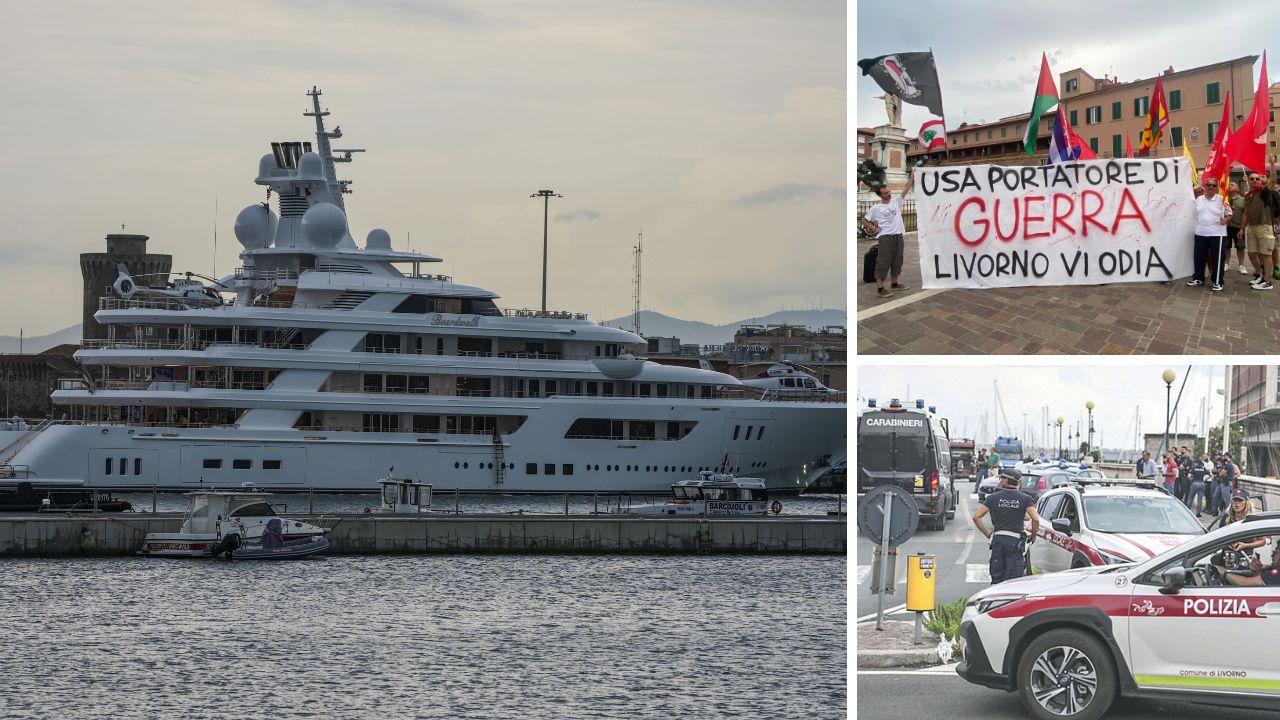 Lo yacht di Fertitta, lo striscione di protesta e il ponte dei Francesi chiuso (foto Stick)