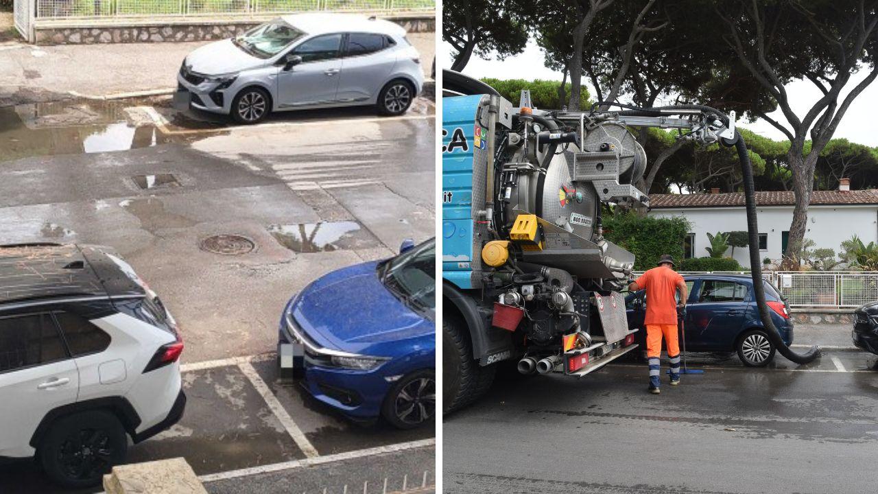 
	A sx la perdita vista&nbsp;dalla casa del turista, a dx&nbsp;l&rsquo;intervento di spurgo (foto Bf)


