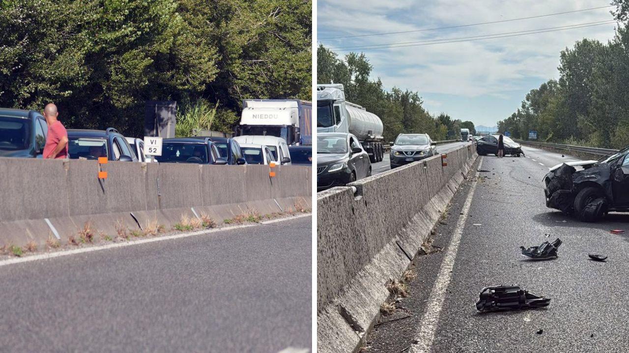 
	L'incidente (foto Dannati) e la fila (foto Stick)

