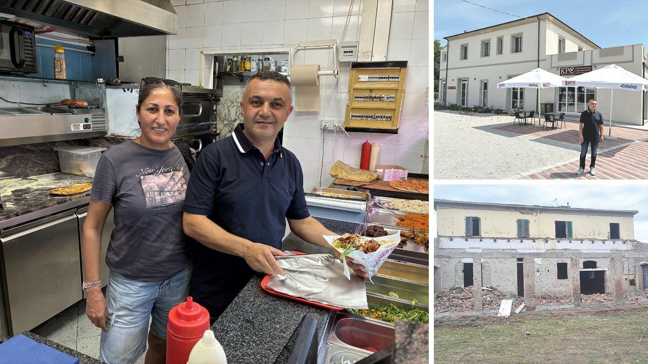 Mustafa Ugurlu e la moglie Nazmiye, l'ex centro di accoglienza ristrutturato e com'era durante i lavori (foto Falorni/Stick)