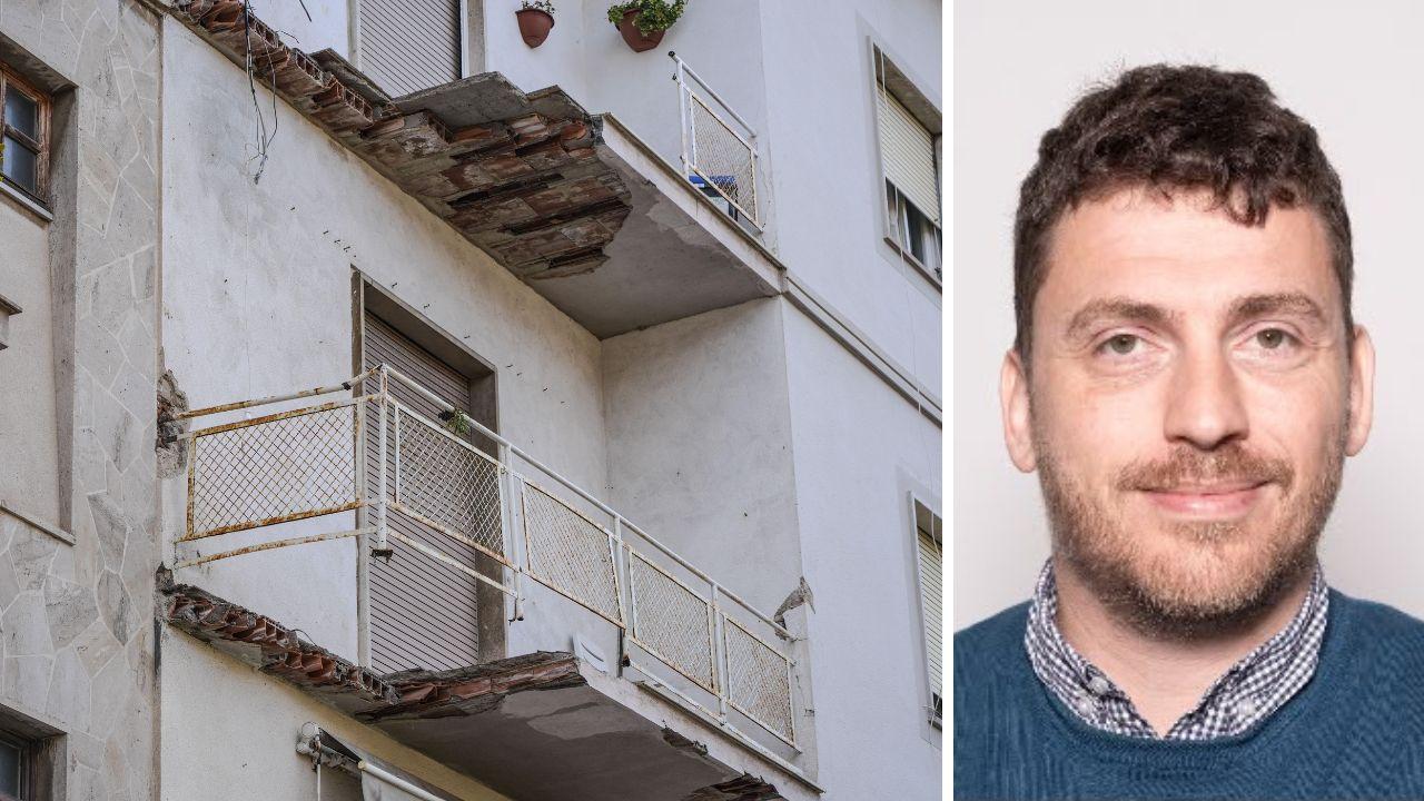 Il balcone della palazzina di via Bonomo crollato (foto Stick), a dx l'ingegnere Braian Ietto