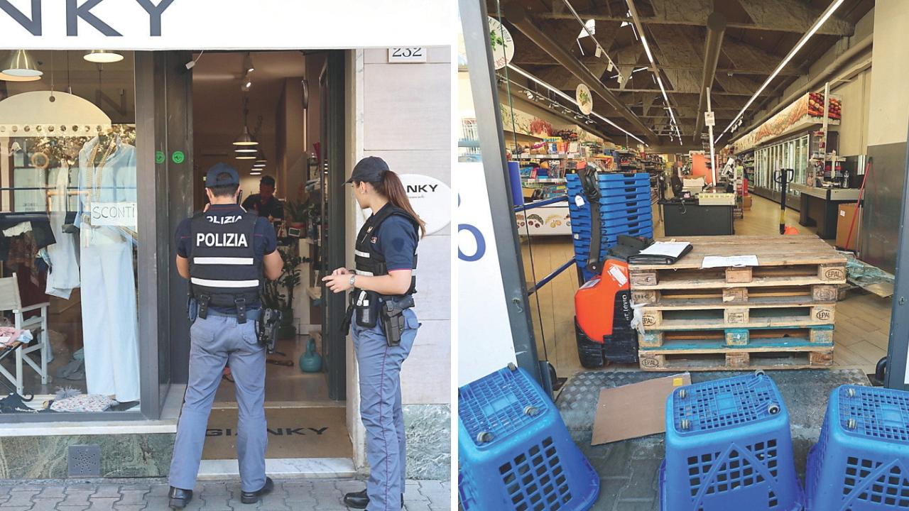 
	La polizia al Gianky (foto Giannini) e il supermarket In's dopo la spaccata

