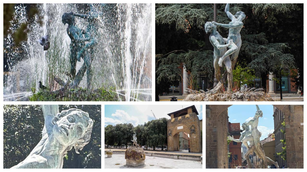 
	In alto a sinistra un&rsquo;immagine della fontana e della statua nel 2008; a destra un&rsquo;immagine scattata ieri. Sotto, tre dettagli del gruppo scultoreo

