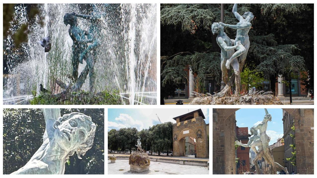 In alto a sinistra un’immagine della fontana e della statua nel 2008; a destra un’immagine scattata ieri. Sotto, tre dettagli del gruppo scultoreo