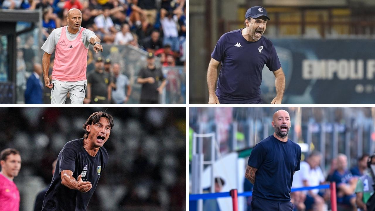 I tecnici delle quattro toscane: in alto Bianco (Pisa) e Pagliuca (Empoli), sotto Cioffi (Carrarese) e Bucchi (Arezzo) 