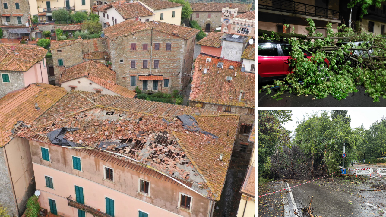 
	Una delle case&nbsp;devastate dal vento, a dx&nbsp;un&rsquo;auto colpita da un albero in via Abruzzo e viale Bustichini chiuso alle auto (foto Nucci)

