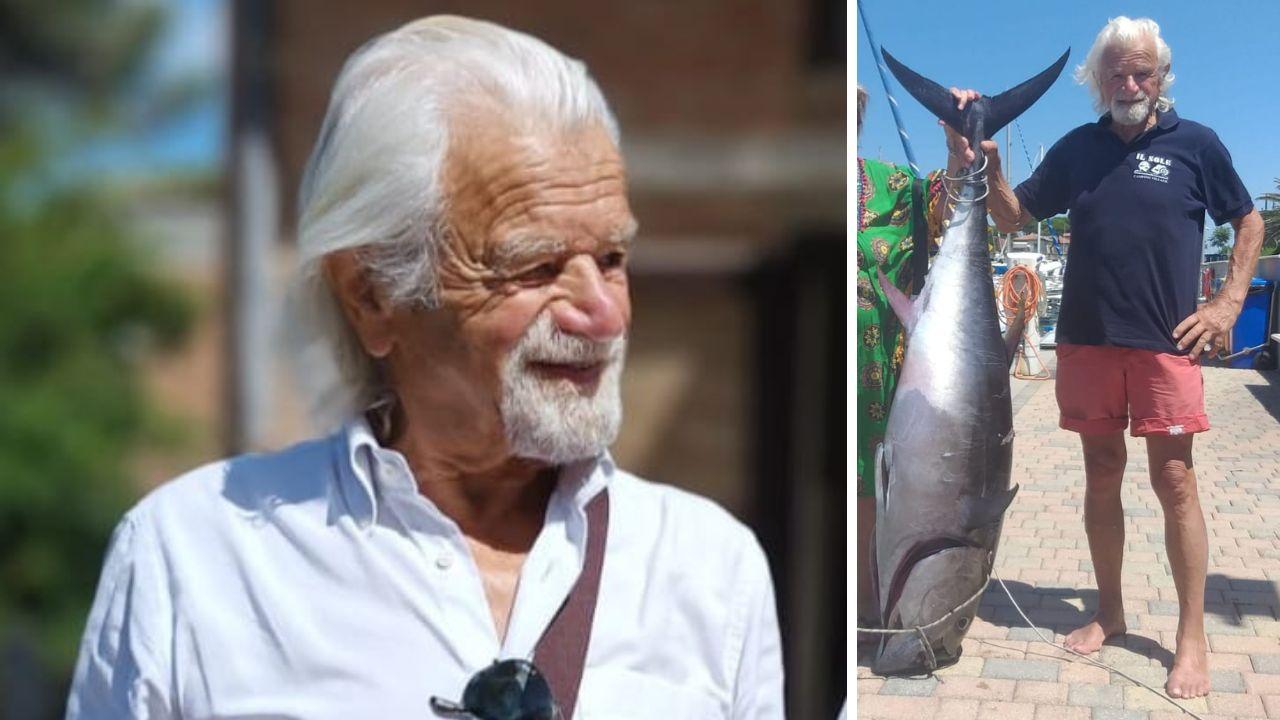Luciano Bragagni, a dx con uno dei tonni pescati, l’ultimo quando aveva 82 anni