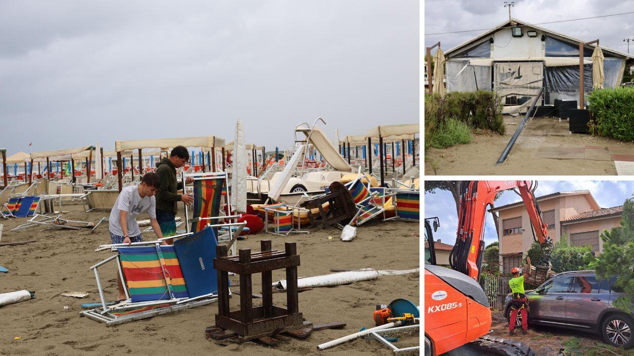 
	I bagnini al bagno Sorriso a Tonfano, a dx il catamarano scagliato contro il bagno Aloha a Viareggio (foto Iacopo Giannini) e un intervento a Marina di Pietrasanta

