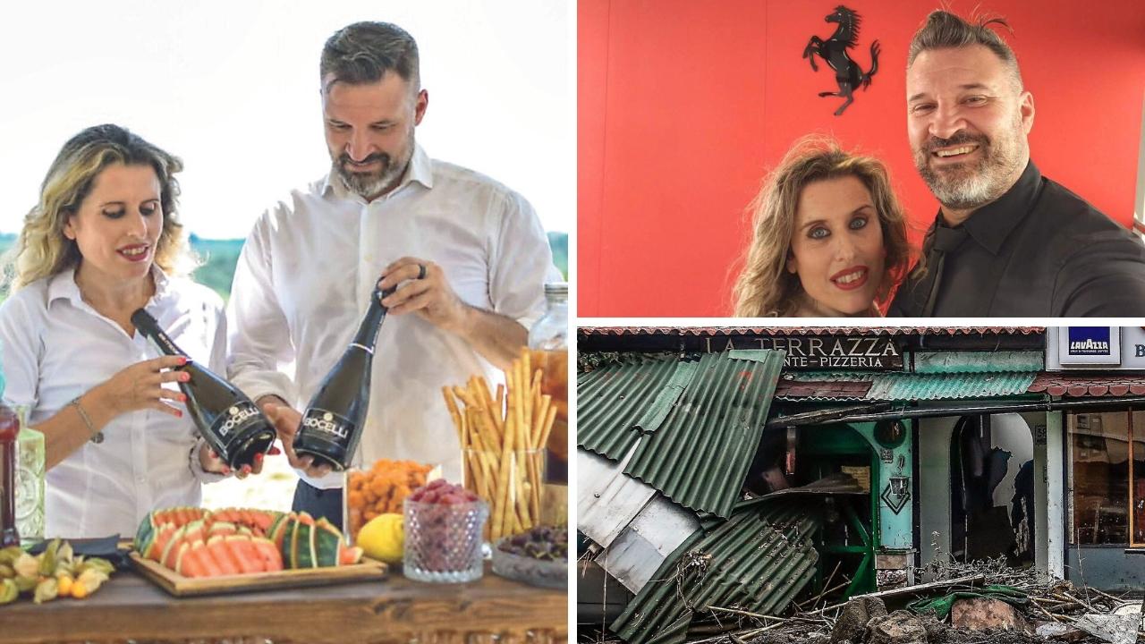 Vanessa Carletti e Francesco Pietroni, a destra i due a un evento Ferrari e sotto "La Terrazza" distrutto dopo l'alluvione nel 2017