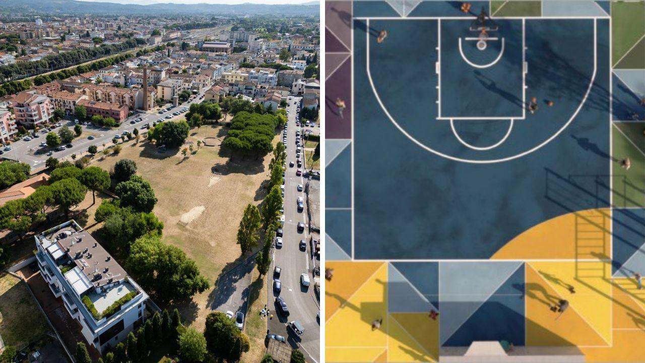 
	Una veduta aerea del parco di via Meucci e il rendering dell&rsquo;area sportiva che sar&agrave; realizzata

