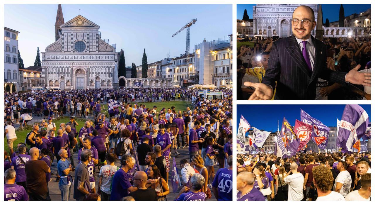 Firenze, il corteo dei tifosi invade la città per i 100 anni di Fiorentina: Commisso a sorpresa in piazza con loro