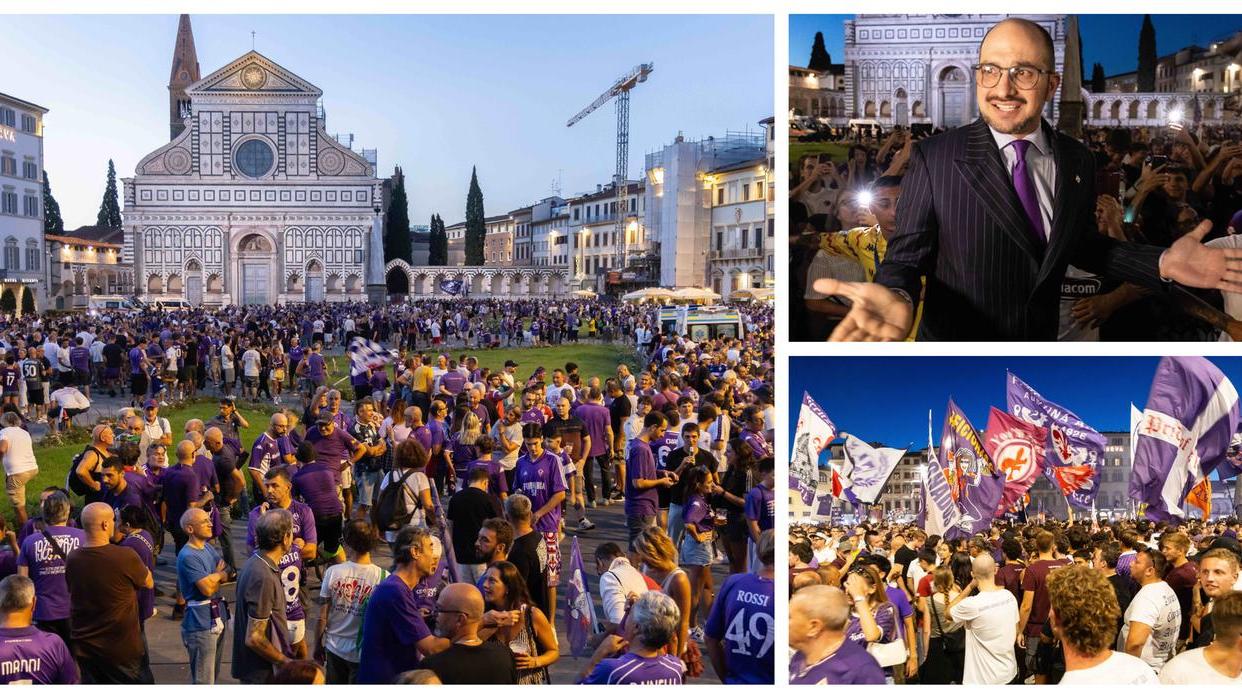 Firenze, il corteo dei tifosi invade la città per i 100 anni di Fiorentina: Commisso a sorpresa in piazza con loro – Video