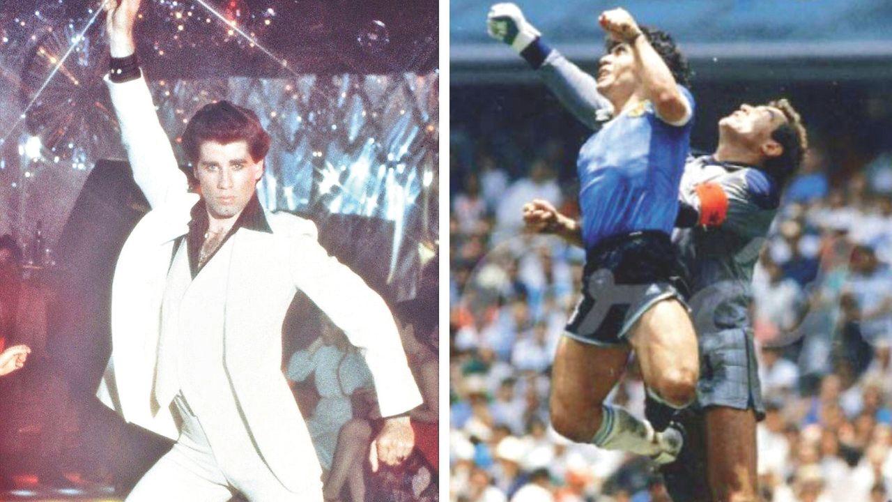 Tony Manero in abito bianco in “Saturday night fever”, a dx Maradona ai Mondiali del 1986