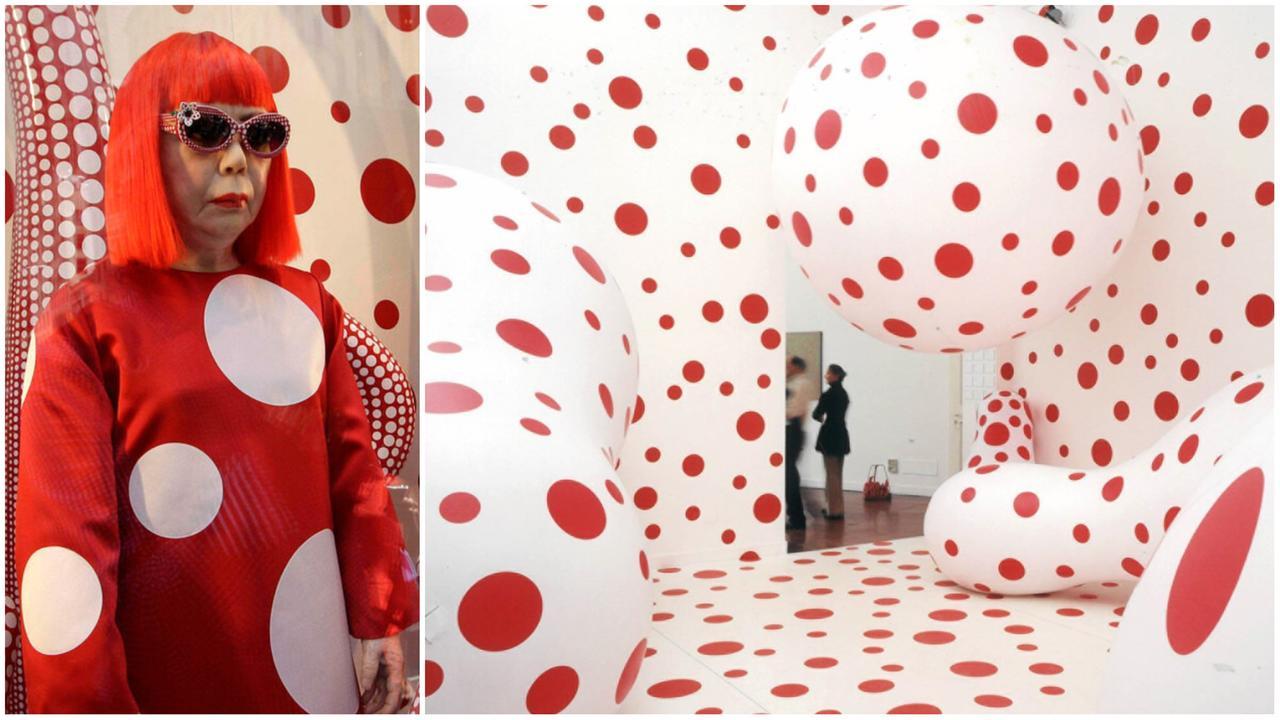 Yayoi Kusama e uno scatto della sua mostra a Modena (foto Valerio Rebecchi)