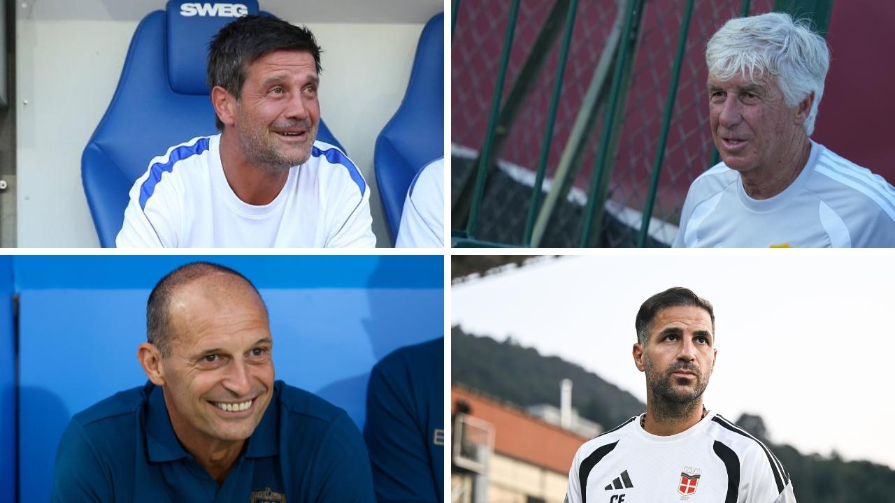 In senso orario: Chivu (Inter), Gasperini (Roma), Fabregas (Como) e Allegri (Napoli)