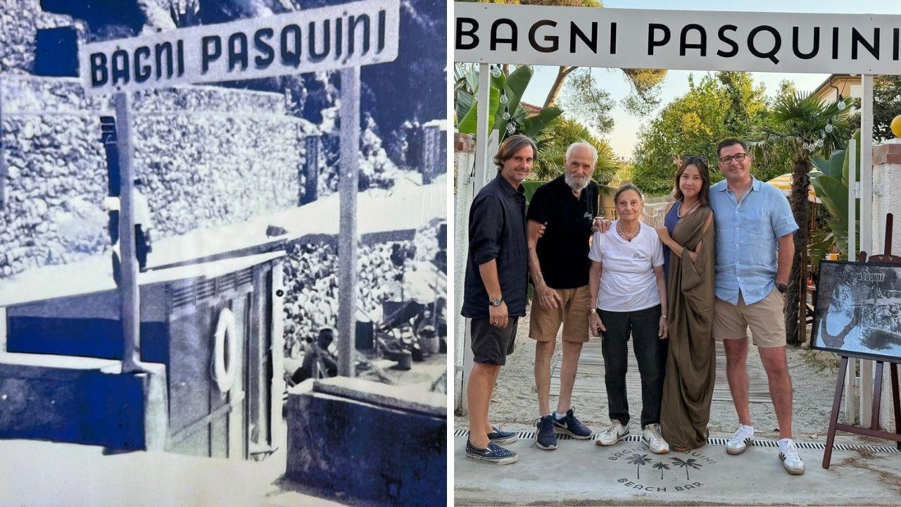 
	L&rsquo;ingresso dei Bagni Pasquini negli anni &rsquo;50,&nbsp;da sx Gabriele, Gianbruno e Fernanda Pasquini con gli amici Putri e Lucian Stefanic

