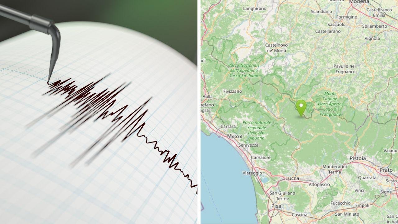 
	Un sismografo e la zona in cui &egrave; stato registrato l'epicentro del terremoto in provincia di Lucca

