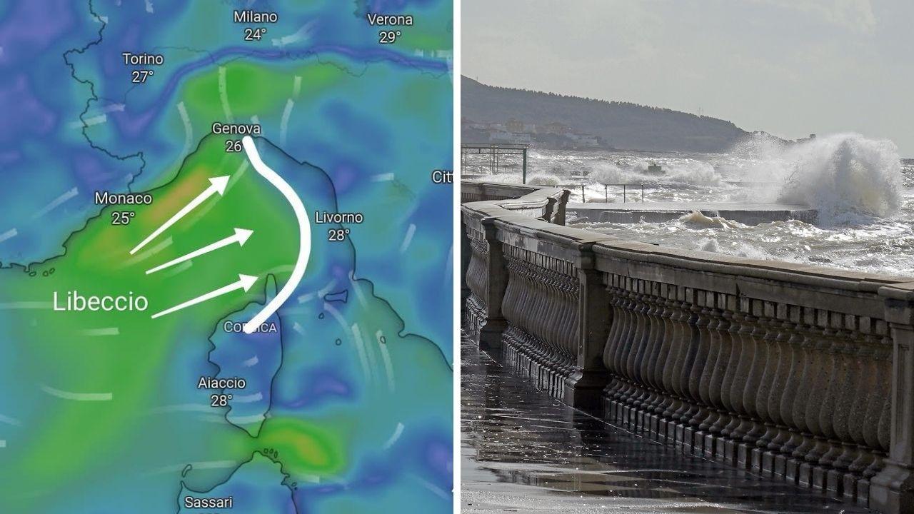 Cartina a cura del Centro Meteo Toscana, a dx una mareggiata a Livorno 