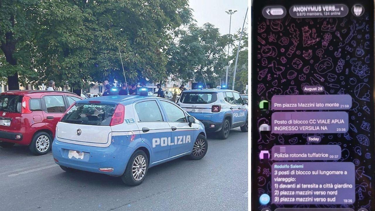 A sx il posto di controllo della polizia in piazza Dante, a dx il messaggio inviato dall’assessore sulla chat “Anonymus Versilia”