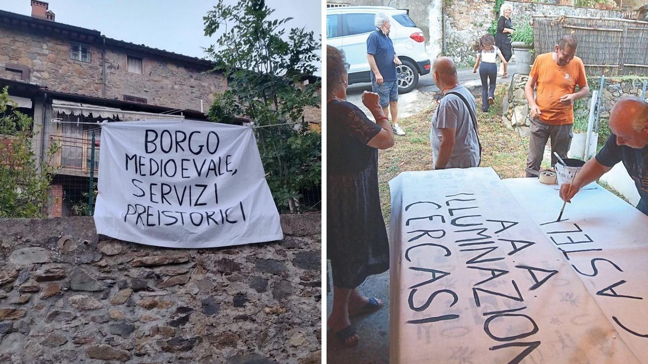 Uno striscione della protesta, a dx il lavoro di gruppo per preparare gli striscioni