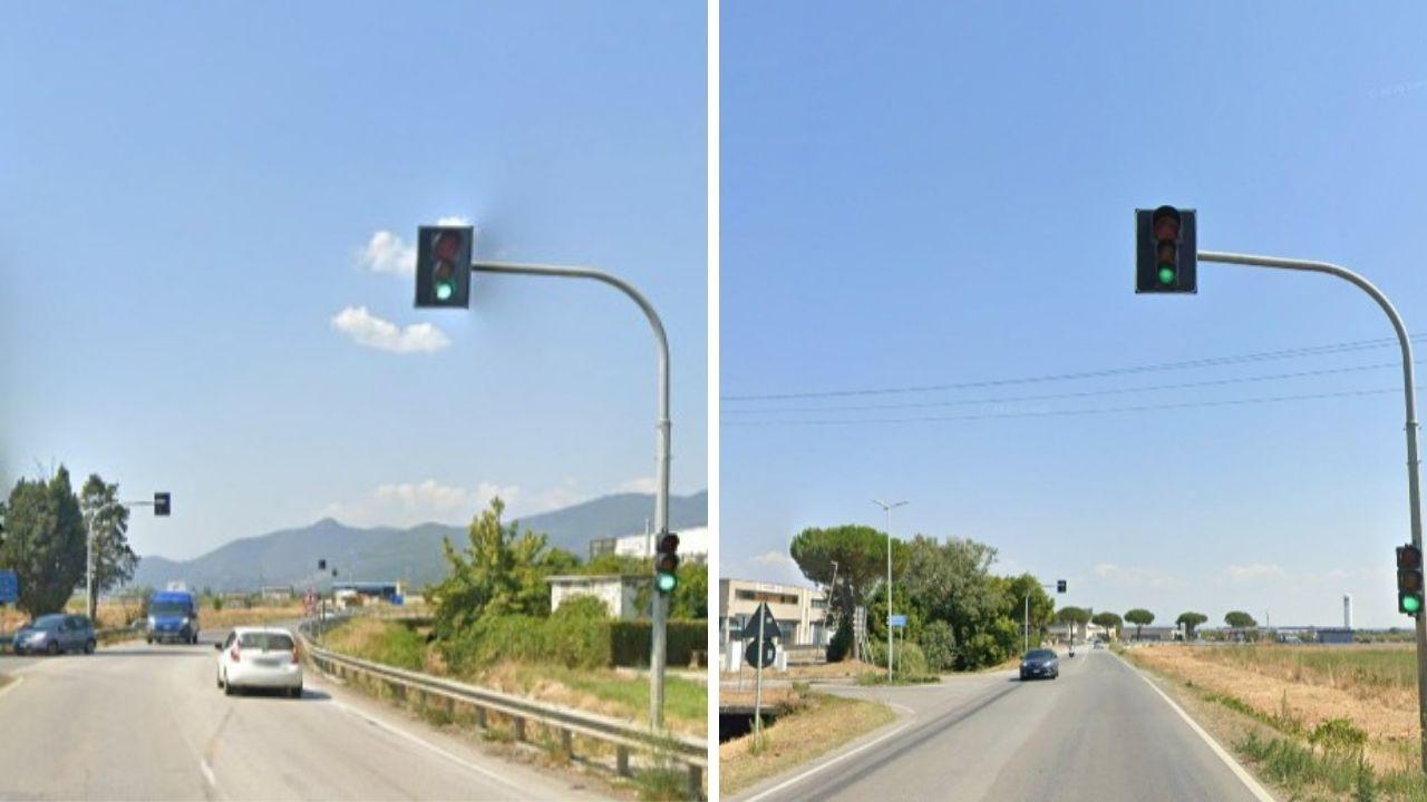 
	A dx il semaforo lungo la strada provinciale e via di Lavaiano, a dx l&rsquo;incrocio fra via di Gello e via Toscana

