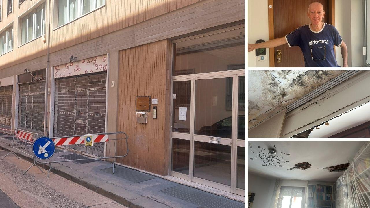 Il palazzo di via Sansoni transennato, a dx la muffa, il soffitto sfondato e Riccardo Garofoli