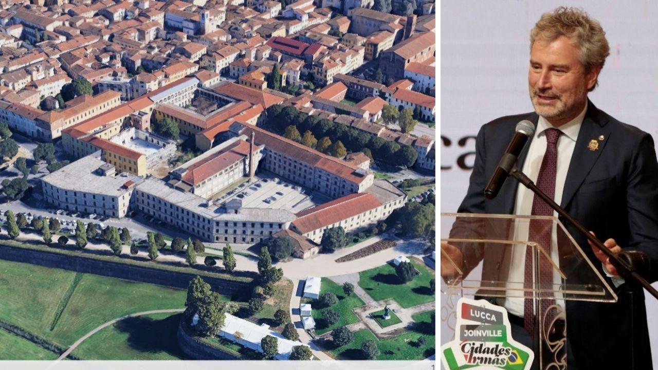 
	Una veduta dell&rsquo;ex Manifattura tabacchi, a dx il sindaco di Lucca Mario Pardini

