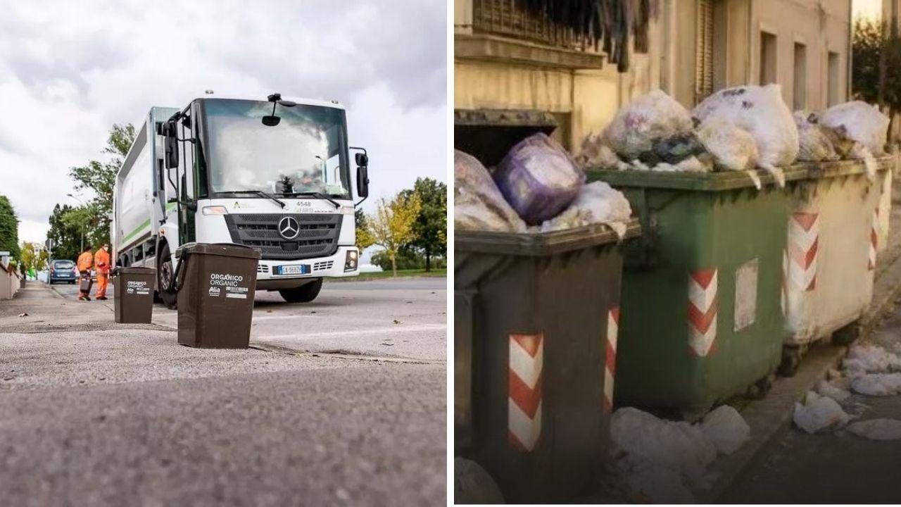 Il servizio di raccolta porta a porta, a dx la foto allegata alla petizione