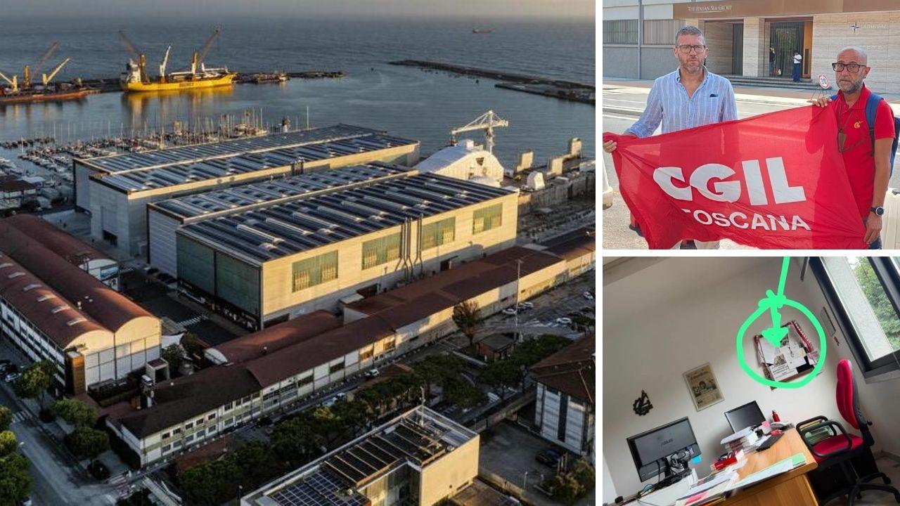 
	Una veduta del cantiere di Tisg, a dx Umberto Faita e&nbsp;Nicola Del Vecchio. Sotto l&rsquo;ufficio di Faita e la bacheca dove era apposto il volantino

