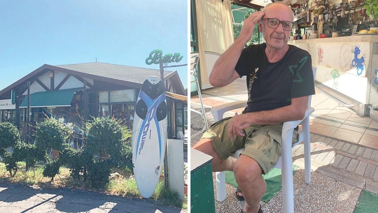 Il bar Nord Est e il barista Luca Farmeschi che mostra la tempia dove ha subìto il colpo