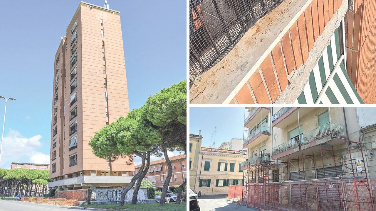 Il grattacielo di via Bikonacki e un dettaglio dello stesso, sotto la situazione in piazza della Vittoria