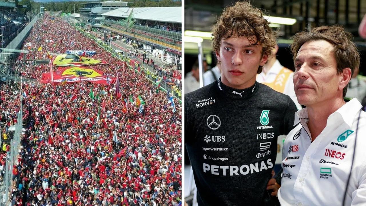 
	La folla in pista a Monza e a destra Kimi Antonelli e Toto Wolff

