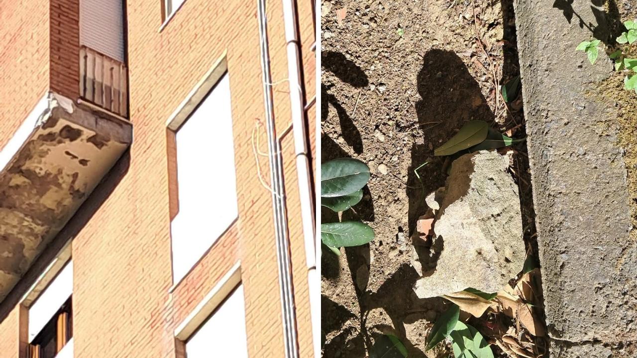 
	Uno dei terrazzi in via Costanza e il pezzo di cornicione caduto&nbsp;

