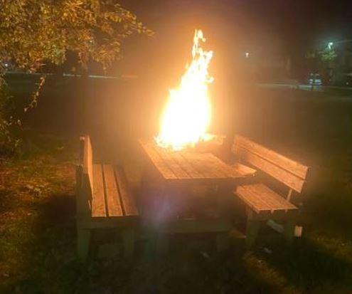 Vandali in azione al parco Torelli di Scandiano: a fuoco un tavolo e sedie in legno