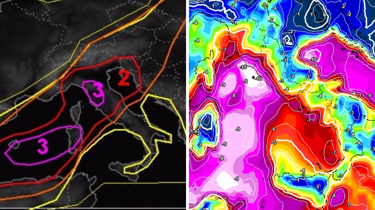 A sinistra il modello Estofex; a destra la mappa che indica "l'energia" temporalesca sulla Toscana 