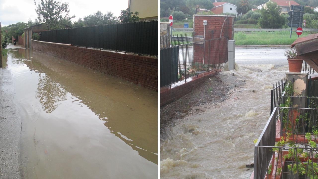 Gli allagamenti davanti alle villette in via di Montenero
