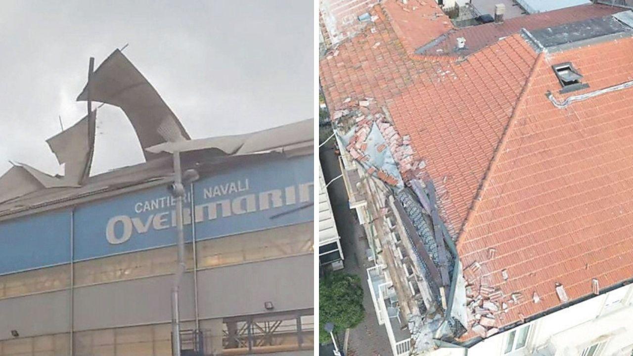 
	Il capannone di Overmarine e i danni al tetto dell'hotel La pace (foto Giannini)

