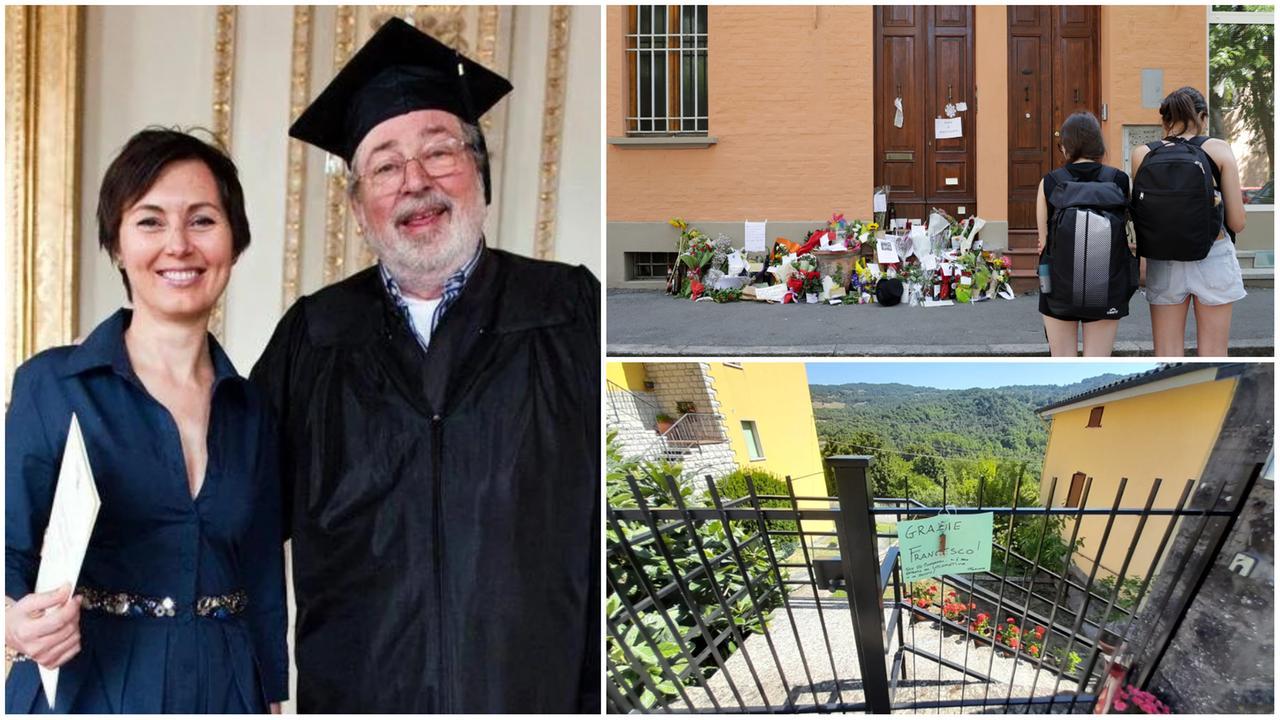 Guccini e la moglie Raffaella Zuccari, accanto le case di via Fabbri 43 a Bologna e di Pavana