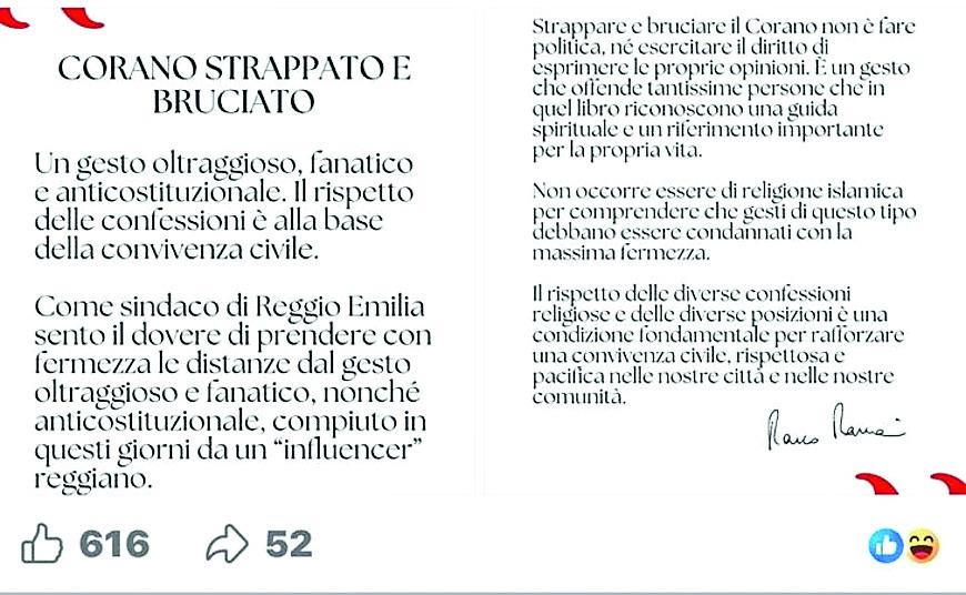 Eterno brucia il Corano, il sindaco condanna il gesto: insulti online e odio anti-islamico sotto il post di Massari