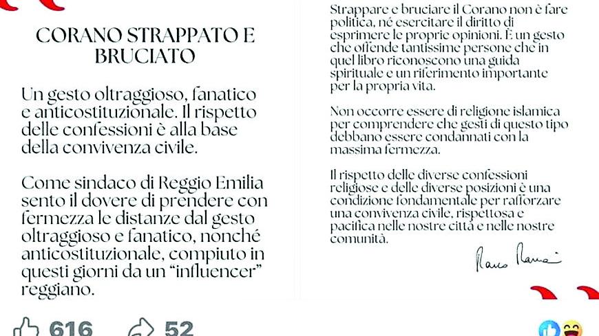 Eterno brucia il Corano, il sindaco condanna il gesto: insulti online e odio anti-islamico sotto il post di Massari