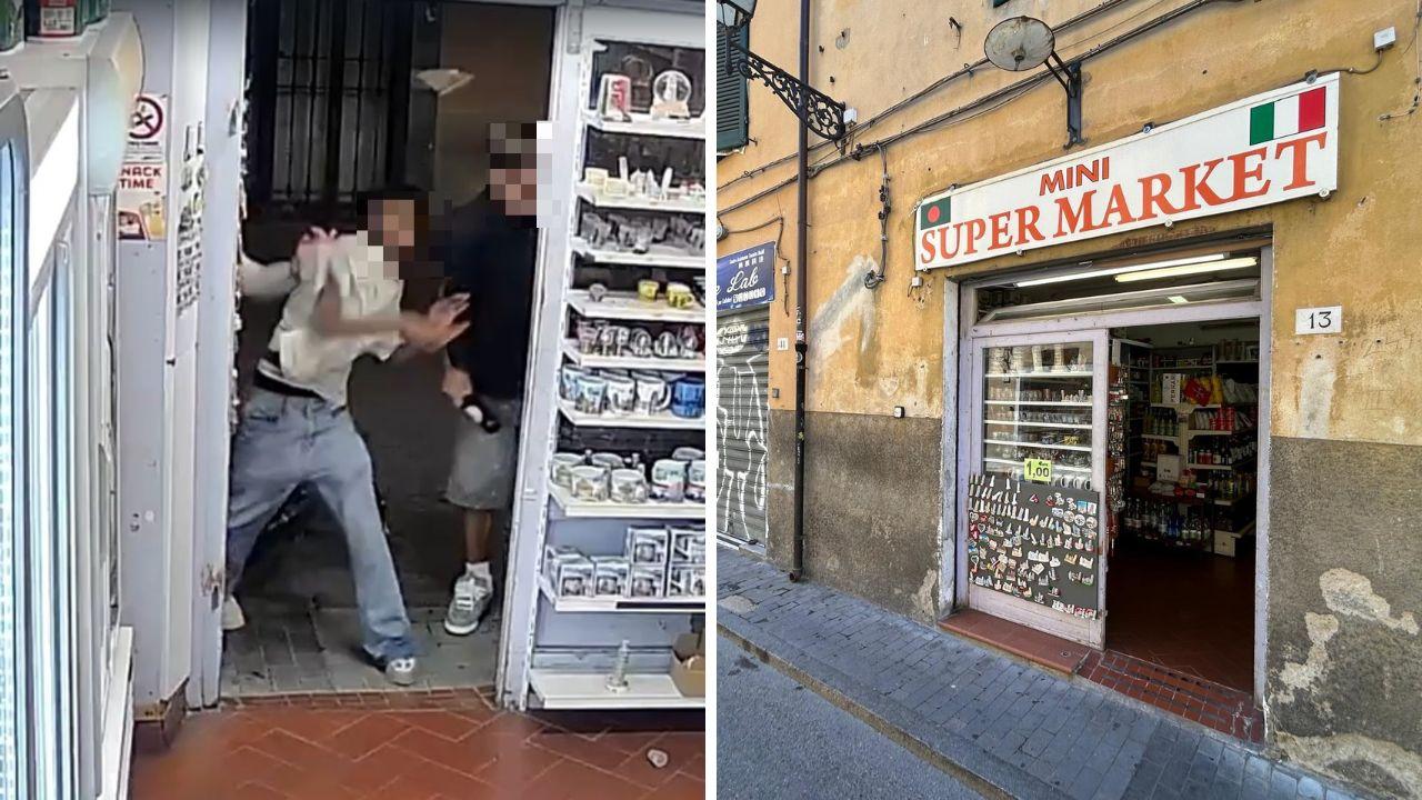 A sx alcuni dei giovani durante il raid, a dx il minimarket di via Carducci finito nel mirino della baby gang