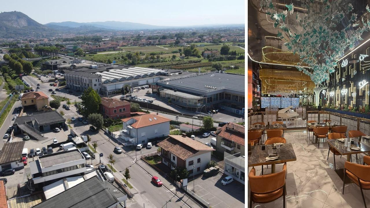 Una veduta dall'alto della zona (foto Nucci) e l'interno del nuovo sushi