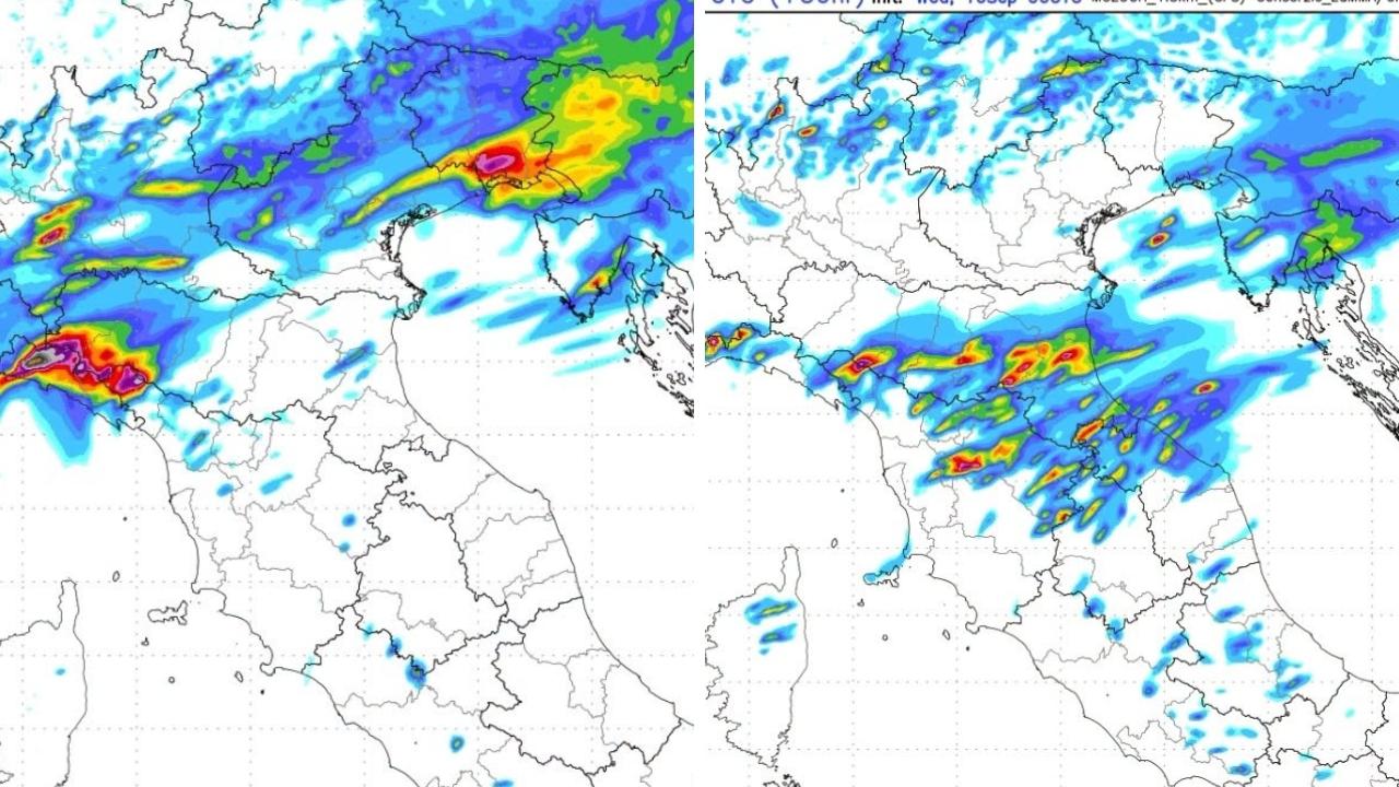 
	A sinistra la pioggia attesa gioved&igrave; mattina; a destra nel pomeriggio (Elaborazione Cmt)

