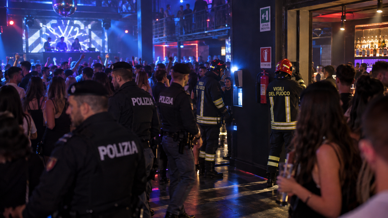 Polizia e vigili del fuoco in un locale (immagine AI)