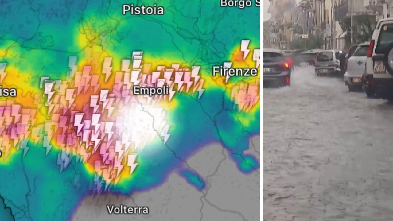 A destra una strada allagata a Viareggio