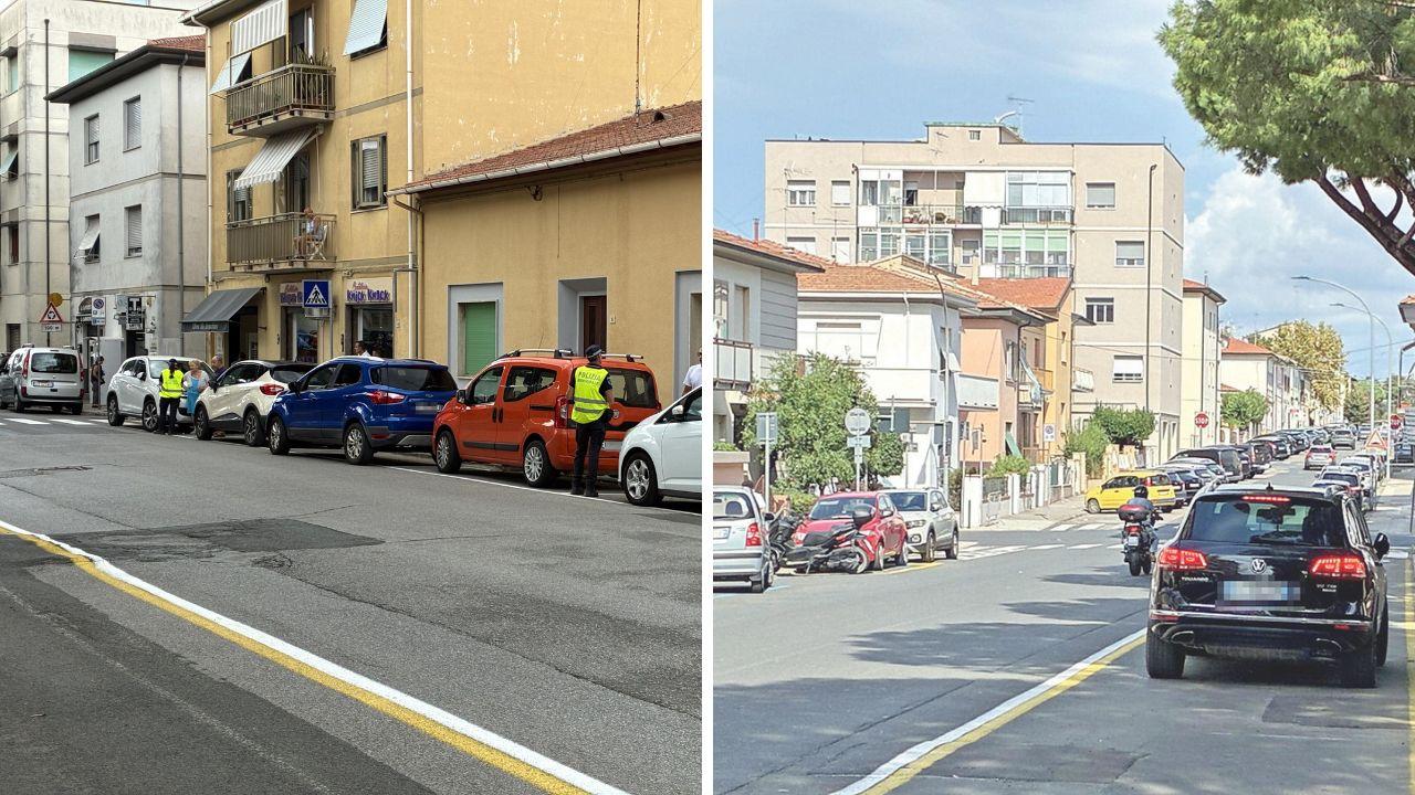 
	A sx i vigili al lavoro in via Napoli il 17 settembre, a dx&nbsp;un&rsquo;auto parcheggiata sulla corsia d&rsquo;emergenza (Foto Falorni/ Stick)

