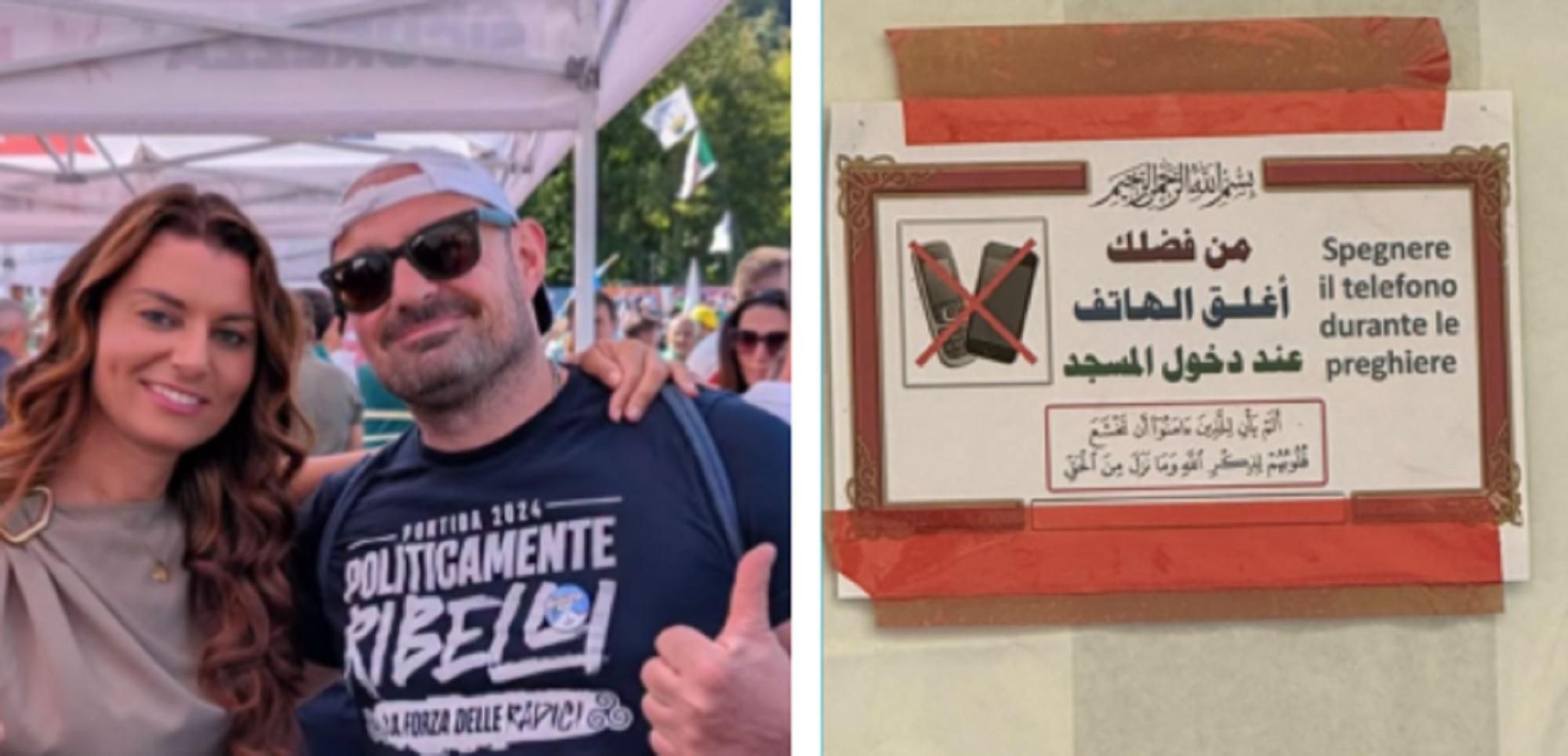 A sinistra il consigliere comunale e capogruppo della Lega Carlo Ghiozzi e l'europarlamentare Susanna Ceccardi a Pontida. A destra un cartello fuori dal fondo di via dell'Angiolo