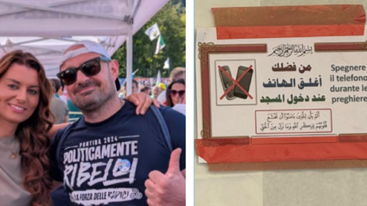 A sinistra il consigliere comunale e capogruppo della Lega Carlo Ghiozzi e l'europarlamentare Susanna Ceccardi a Pontida. A destra un cartello fuori dal fondo di via dell'Angiolo