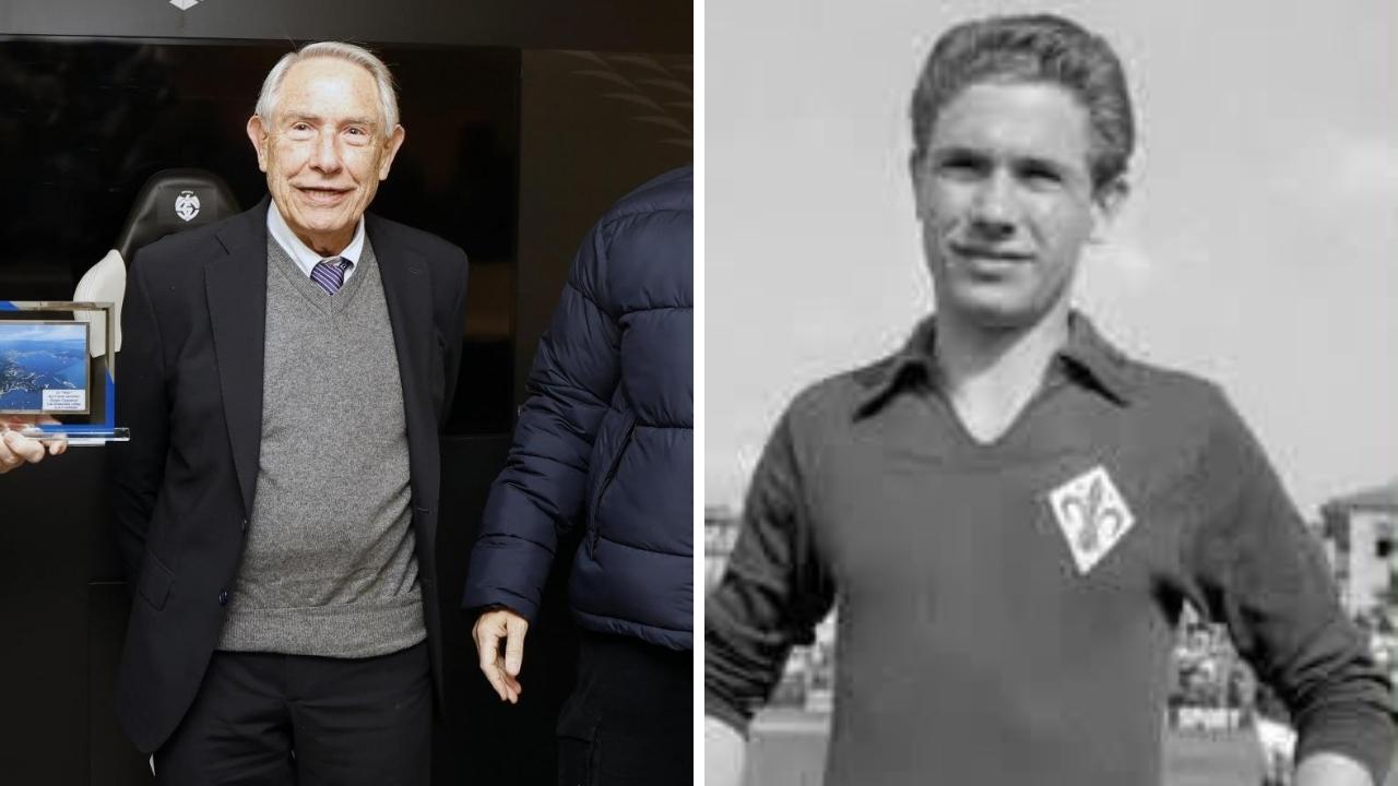 Sergio Carpanesi, in una foto recente, e in una dell'epoca in maglia viola 